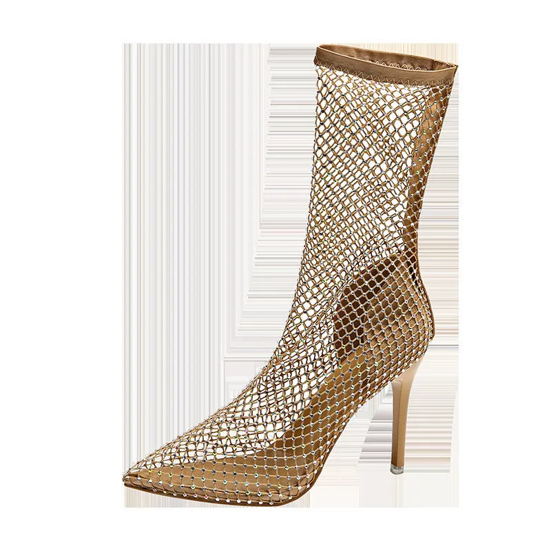 Gold mesh pointed toe stiletto high heel sandals on a white background
