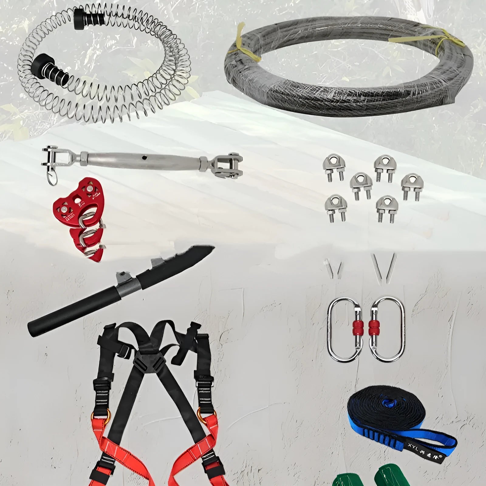10 metre outdoor pulley slide system with steel cable, handle, alloy steel pulleys, and child safety harness