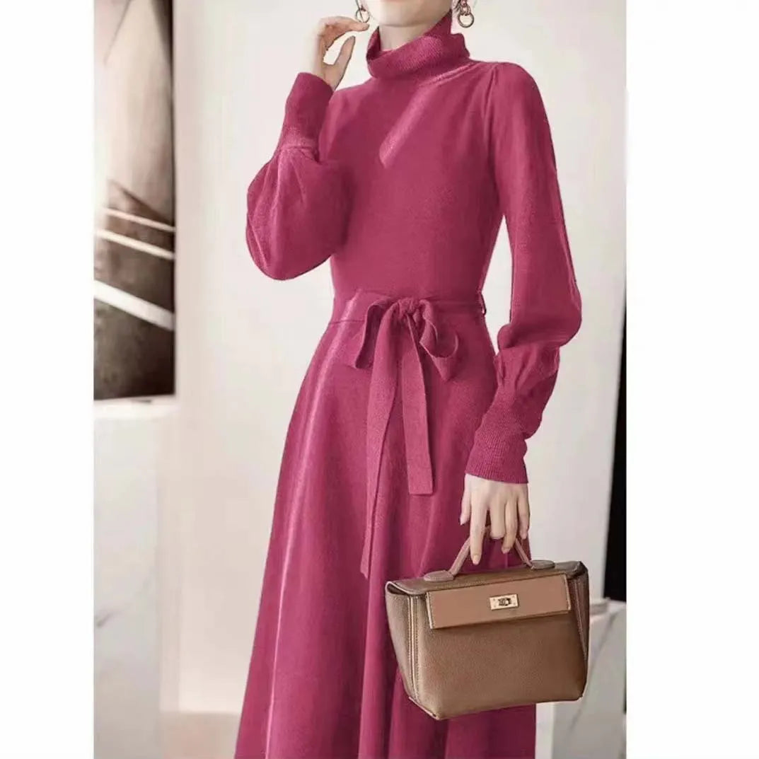 Knitted turtleneck dress with mid-length sweater skirt design and elastic waistband
