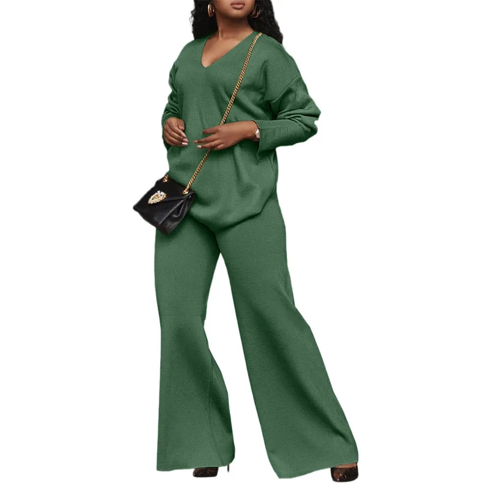 Women's brown suede velvet two-piece lounge suit with split sleeves on the long-sleeved top.