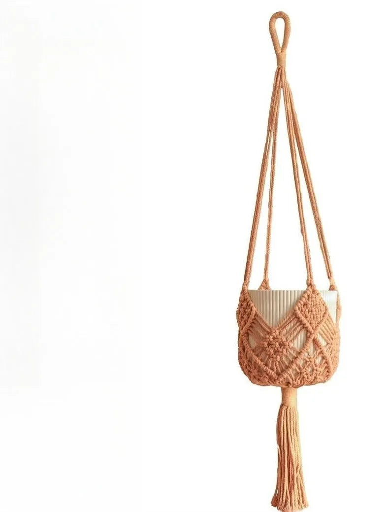 Minimalist hand-woven flower pot in polyester cotton fabric with net pocket design in brown colour