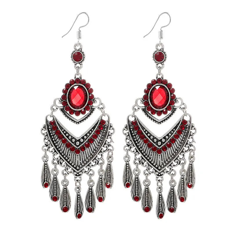 Purple drop shape fringe earrings with retro crystal detailing and ethnic style elements