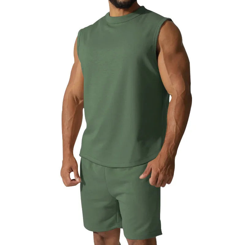 Men's sleeveless sports suit set in cotton blend fabric with matching shorts
