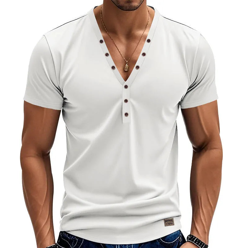 Men's loose thin V-neck sports pullover with button design in polyester blend fabric