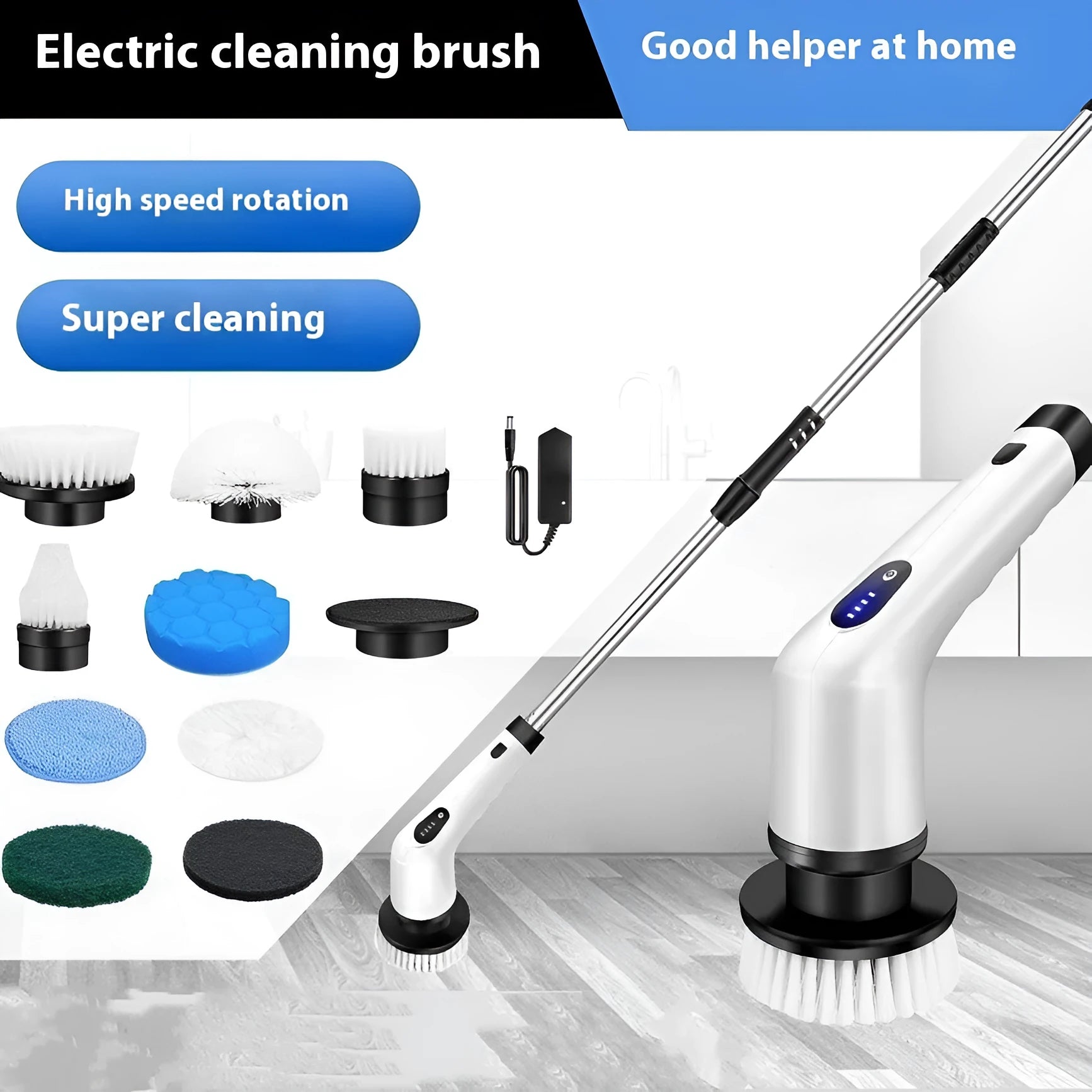 White handheld cleaning ball with lithium rechargeable battery and cleaning brush accessory