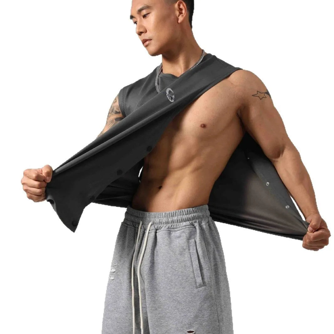 Men's loose cotton fitness vest with hidden hook side openings in black colour