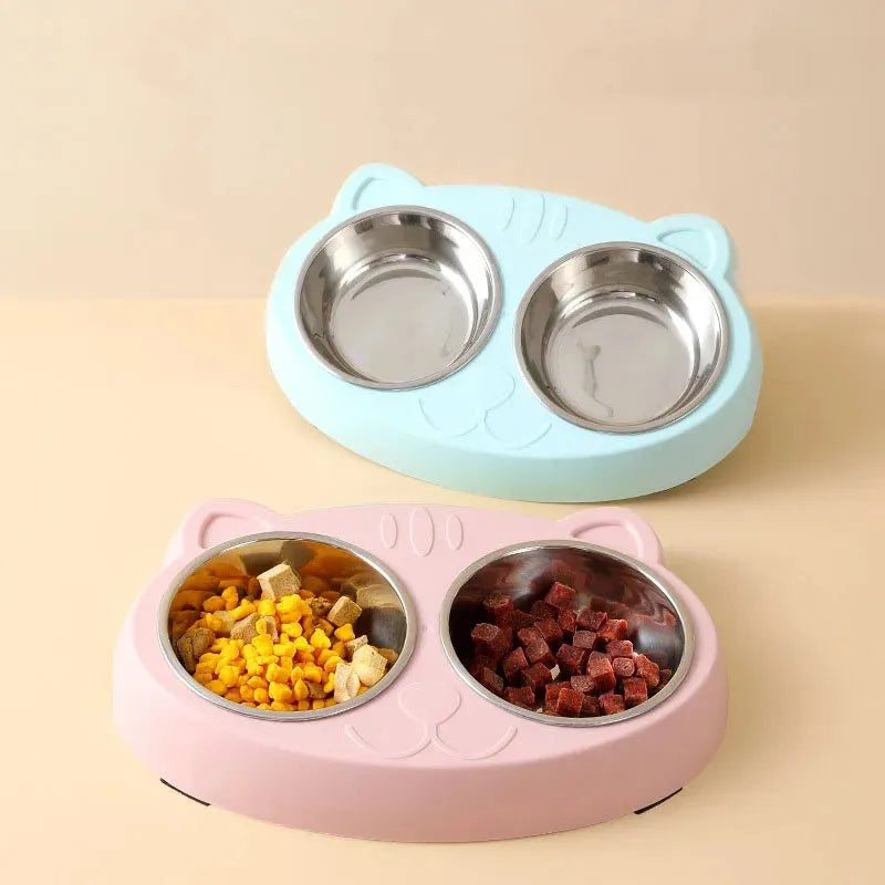 Macaron pet double bowl plastic feeding tray in blue green pink colours measuring 26.5 x 17 x 4 cm