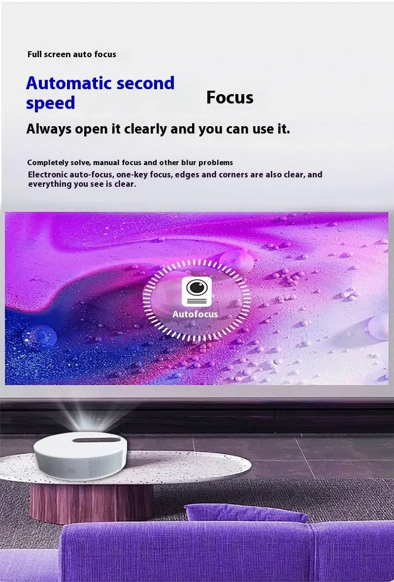 White 720p HD home projector with remote control on a table.