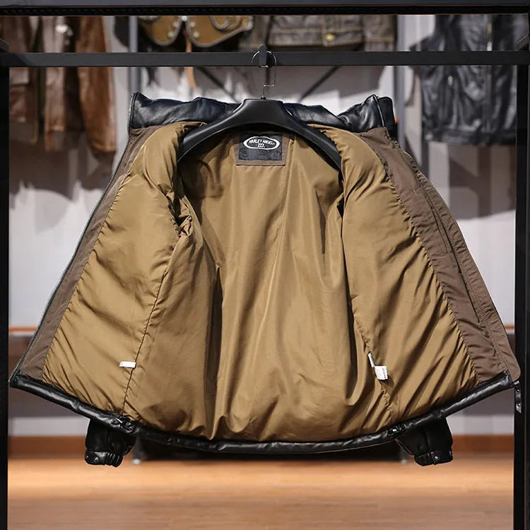 Men's black stand collar sheepskin down leather jacket with pocket decoration on a hanger