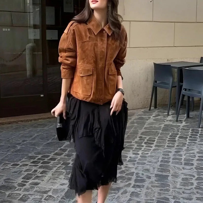 Women's bright brown polyester suede coat with regular sleeves on hanger