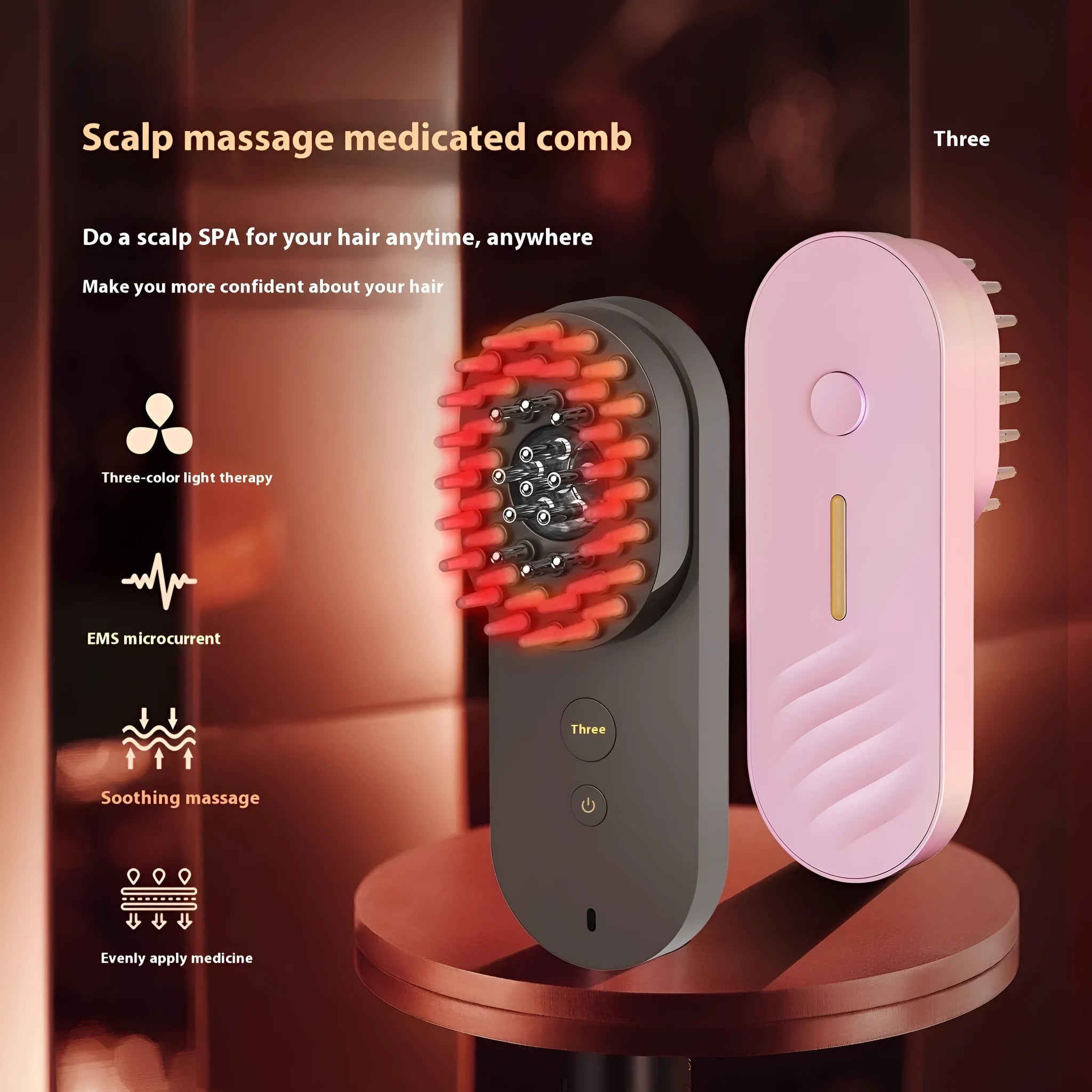Smart massage comb with red light therapy function in pink colour