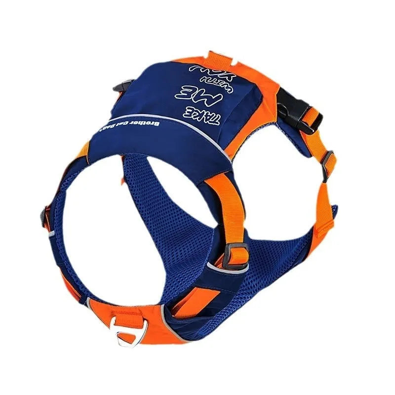 Orange blue nylon dog vest harness showing chest strap and back attachment points for secure pet control