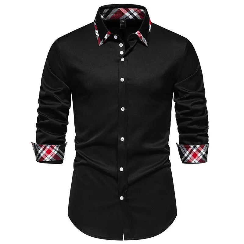 Men's blue plaid contrast casual shirt with triangle collar and long sleeves on a hanger.