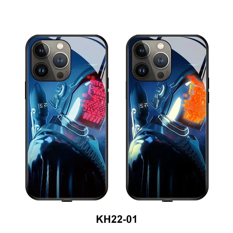 Glow-in-the-dark luminous iPhone case showing technology design on TPU and tempered glass construction