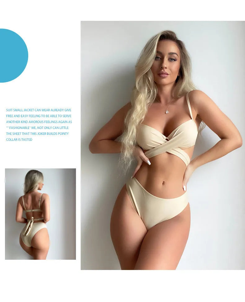 Three-piece backless push up bikini set in solid colour with top, panties and skirt components