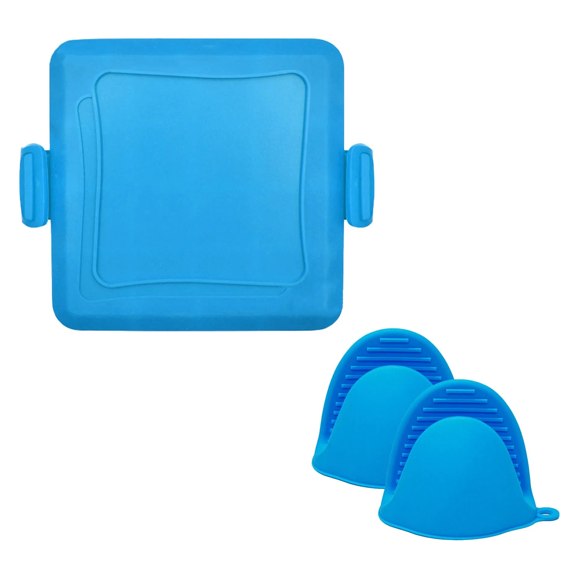 Red silicone baking tray with matching heat-resistant gloves on kitchen counter