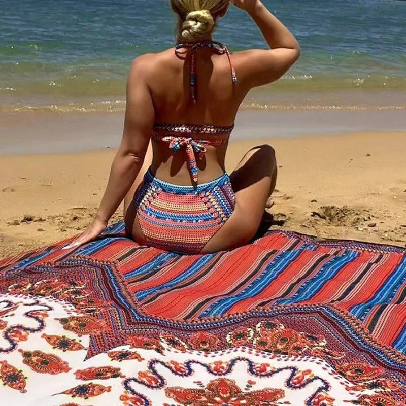 Women's three-piece swimsuit set showing sleeveless blouse, high-waisted briefs, and matching coat in picture colour