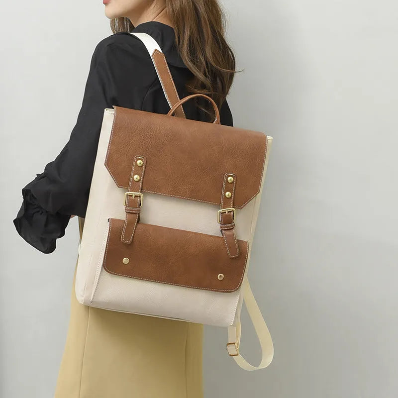 Korean retro style backpack in soft PU leather showing ventilation features and available colour options