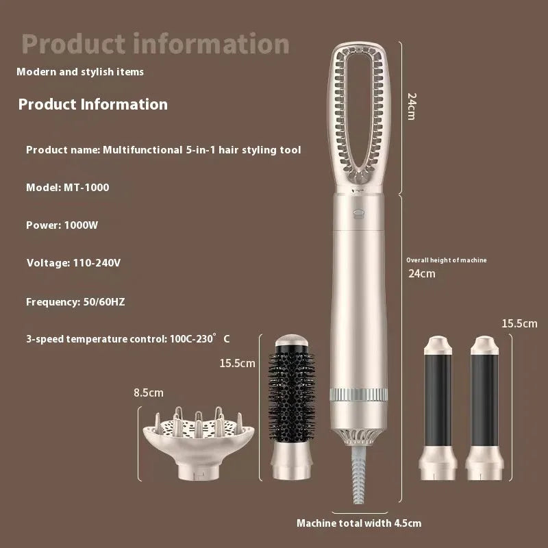 Champagne gold five-in-one hot air comb hair curler and straightener with multi-function styling capabilities
