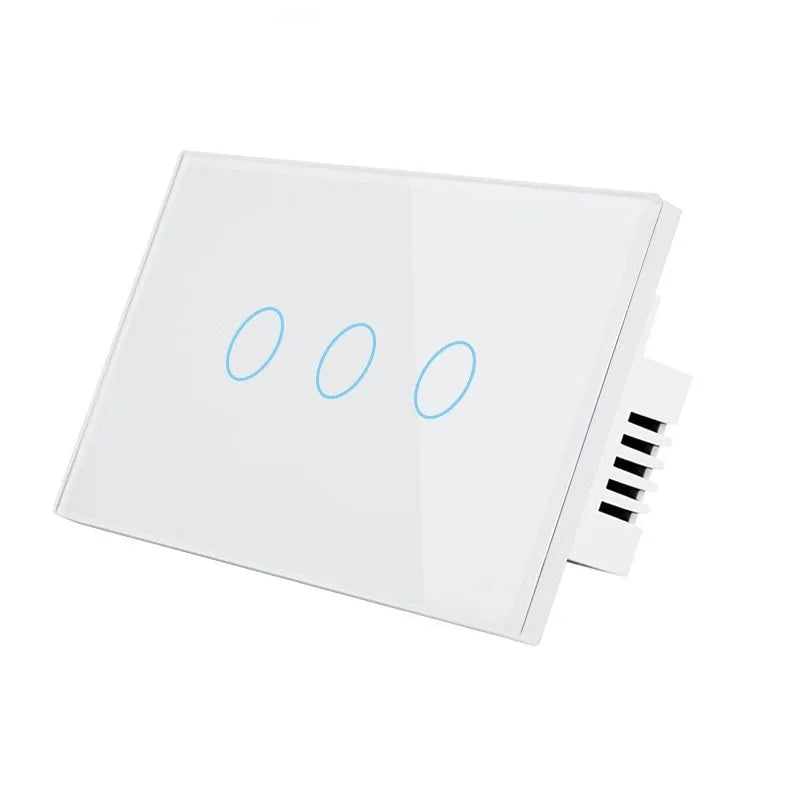 2-gang RF remote control light switch with tempered glass touch panel in black, white or gold finish