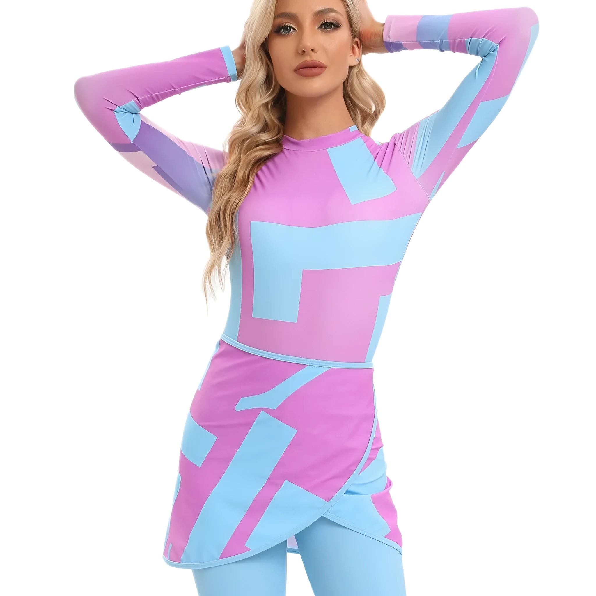 Muslim conservative beach swimsuit three-piece set with apron cover-up in polyester fabric
