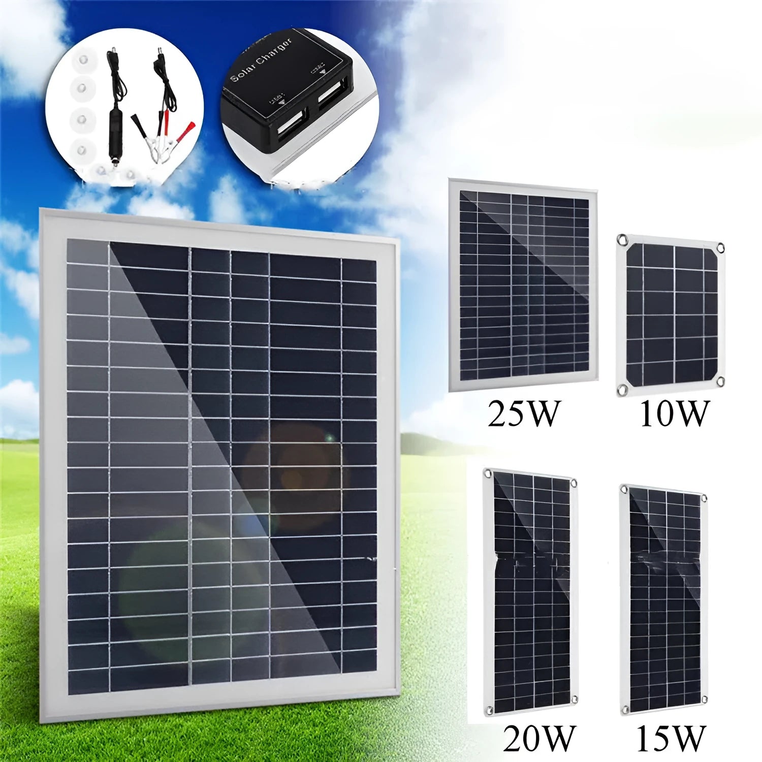 Portable polycrystalline solar panel with dual USB ports for outdoor device charging.