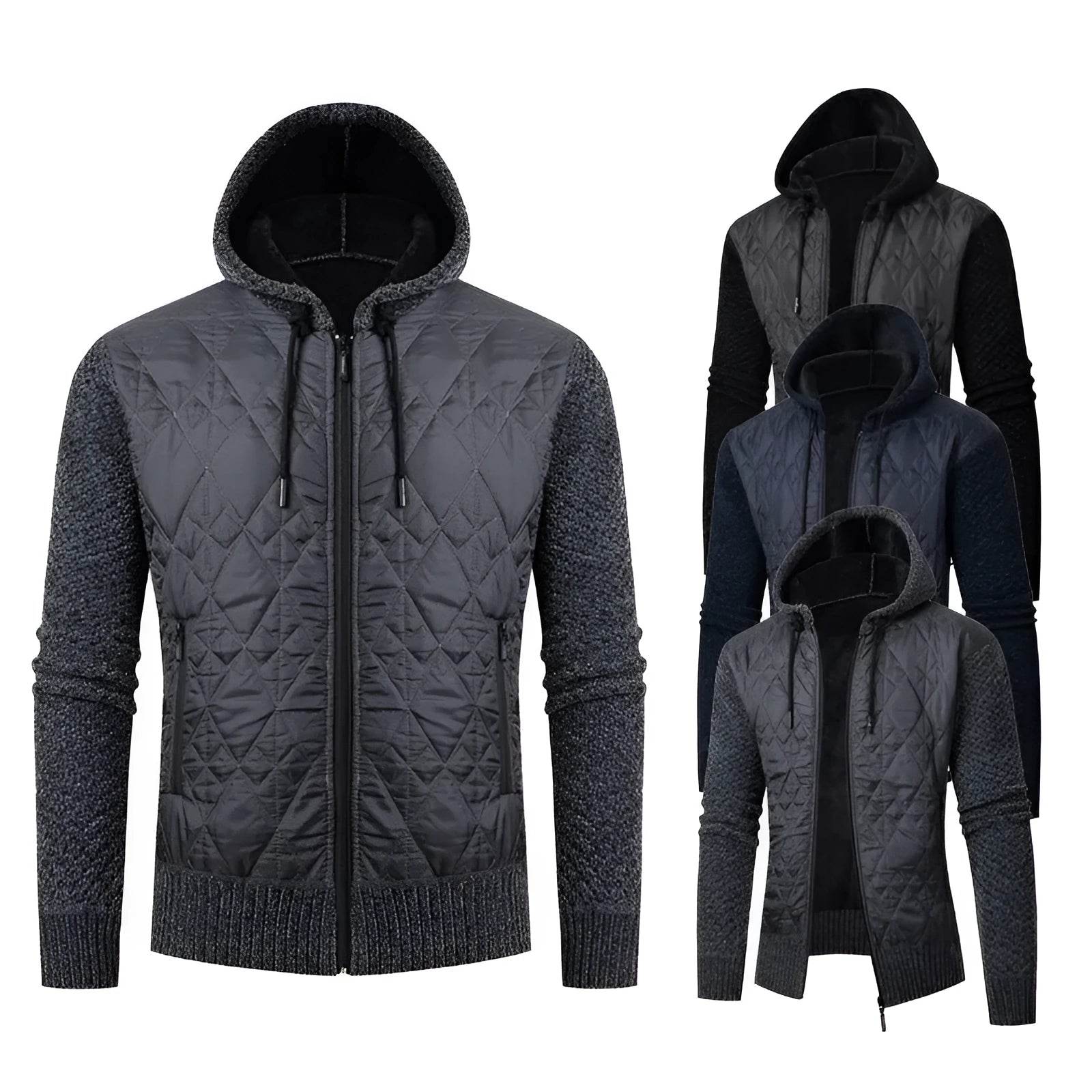 Men's grey hooded corduroy sweater coat with cardigan style and cinched waist