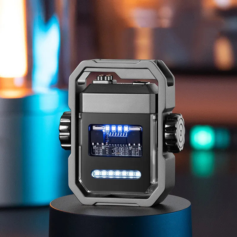 Blue double arc electric lighter with mechanical rotary gyroscope and Type-C charging port
