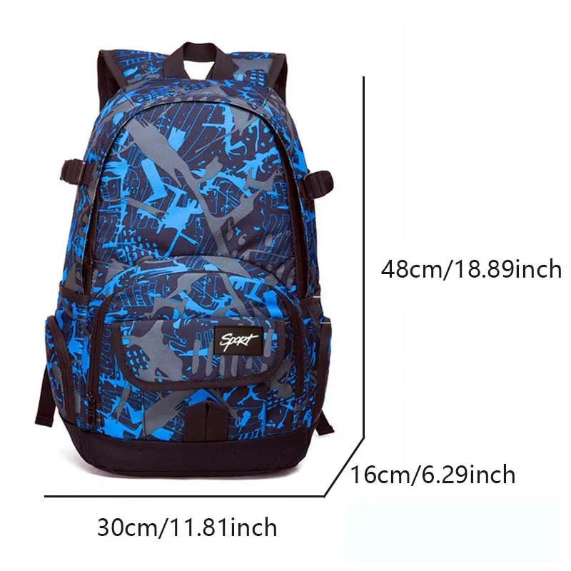 Classic large blue nylon backpack and classic large red nylon backpack side by side.