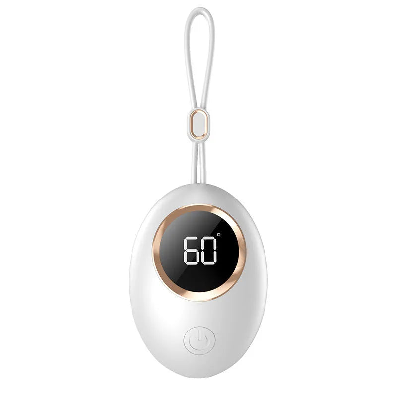 USB digital display hand warmer in pink, showing aluminium heating pad and screen