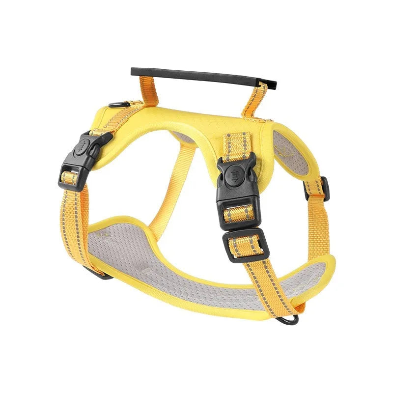 Adjustable polyester dog chest harness and lead in one of six colours: black, yellow, red, orange, pink, or Lake Blue.
