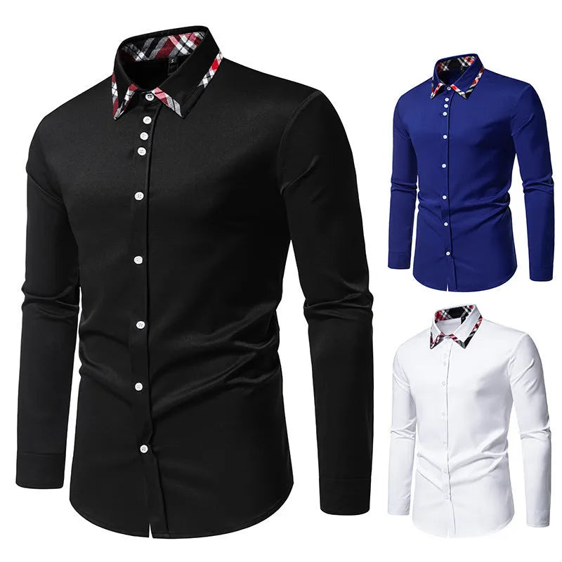 Men's blue plaid contrast casual shirt with triangle collar and long sleeves on a hanger.