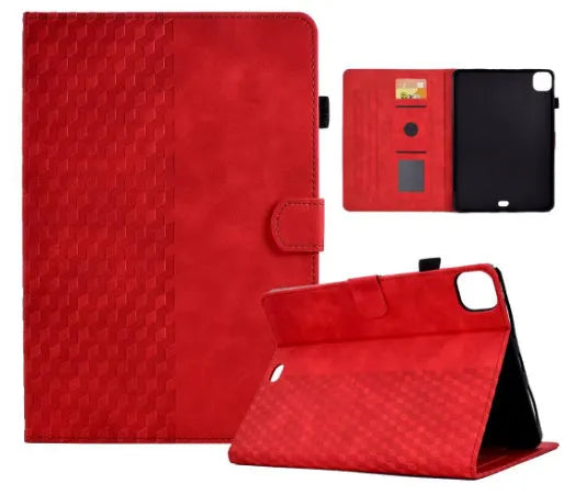 Leather tablet case for iPad Pro 11 with card slot and folded-out kickstand, shown in diamond black finish.