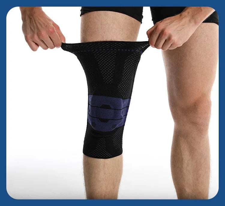 Adult sports kneepad in black and blue colours showing knee protection design