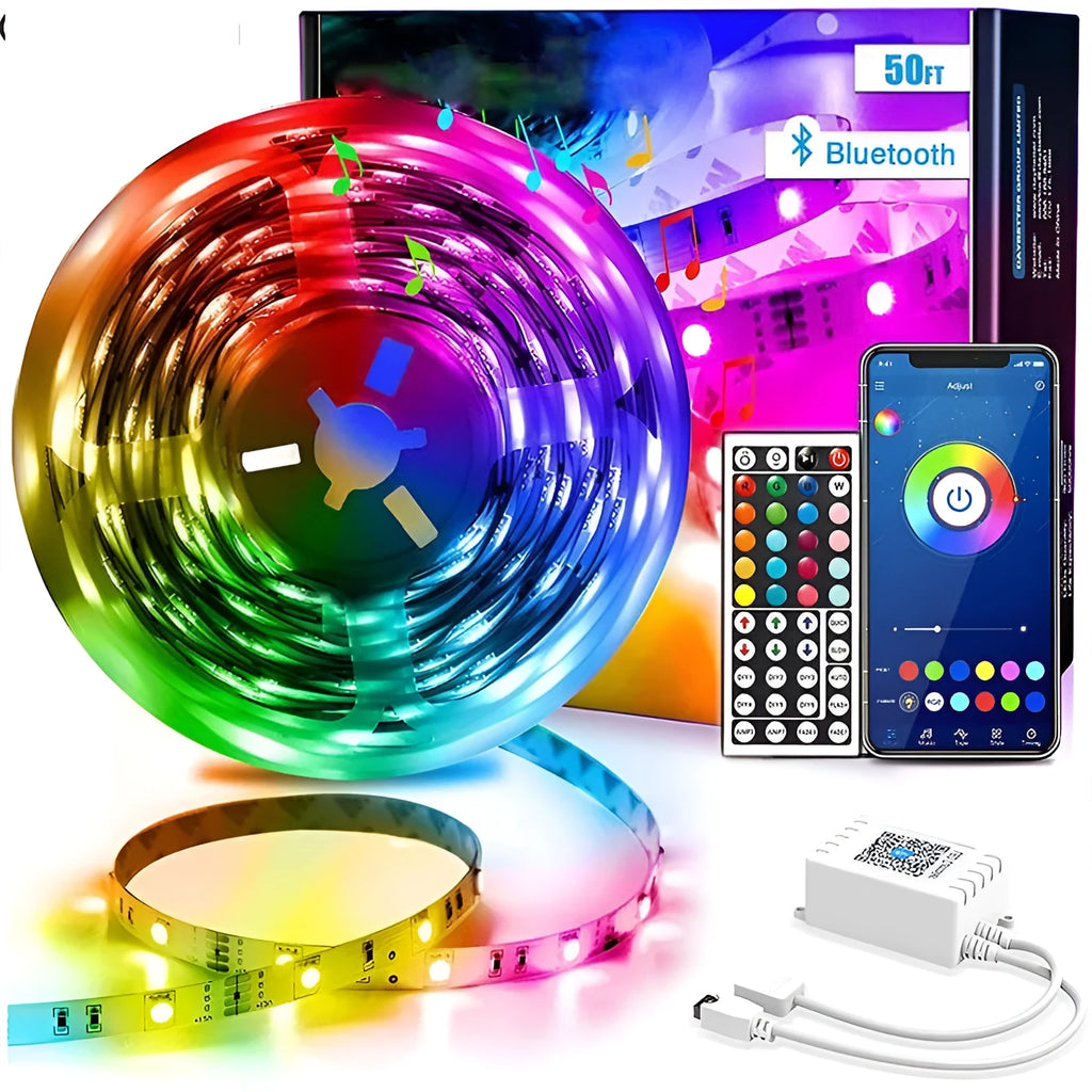 RGB LED strip light with Bluetooth remote control showing colour-changing capabilities