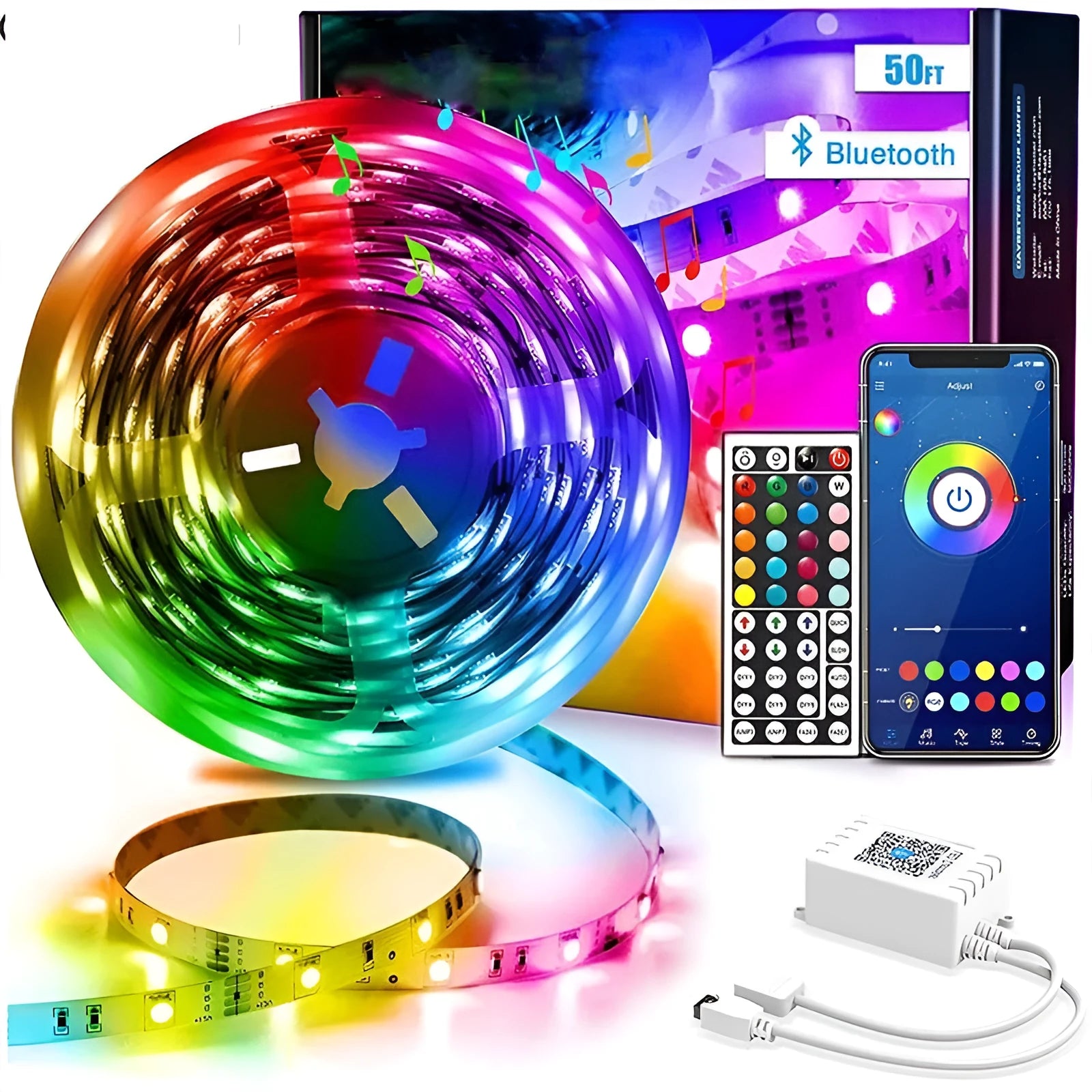 RGB LED strip light with Bluetooth remote control showing colour-changing capabilities