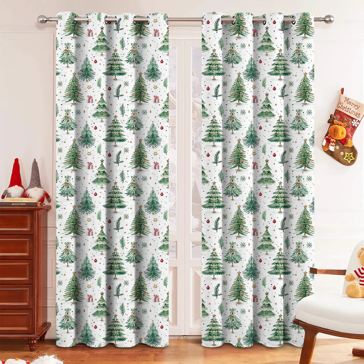 Christmas Forest pattern punching shading curtain in polyester fabric shown in modern simplicity style