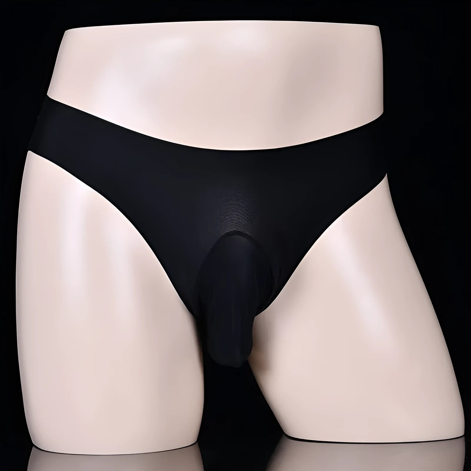 Men's low-waist ice silk underwear briefs in black, showing T-back design and silky texture.