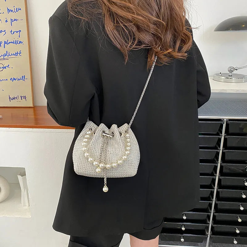 Western style diamond detailing soft PU bucket crossbody bag with chain strap
