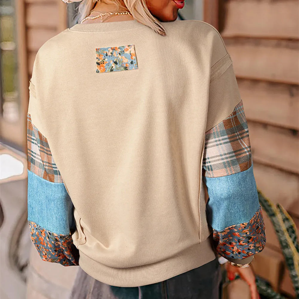 Women's apricot and red plaid stitching long-sleeved polyester top with Japanese-Korean casual style
