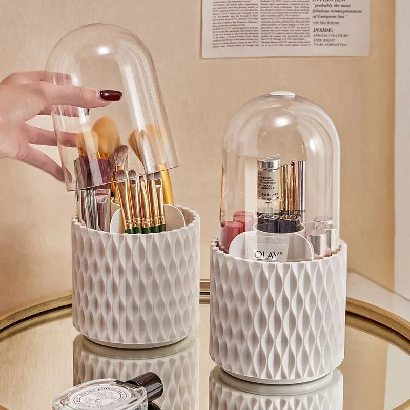 White acrylic rotating makeup brush storage box with transparent dust cover open