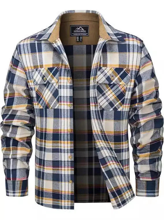 Man wearing a plaid button-down flannel shirt in cardigan style, showcasing orange and green colour options.
