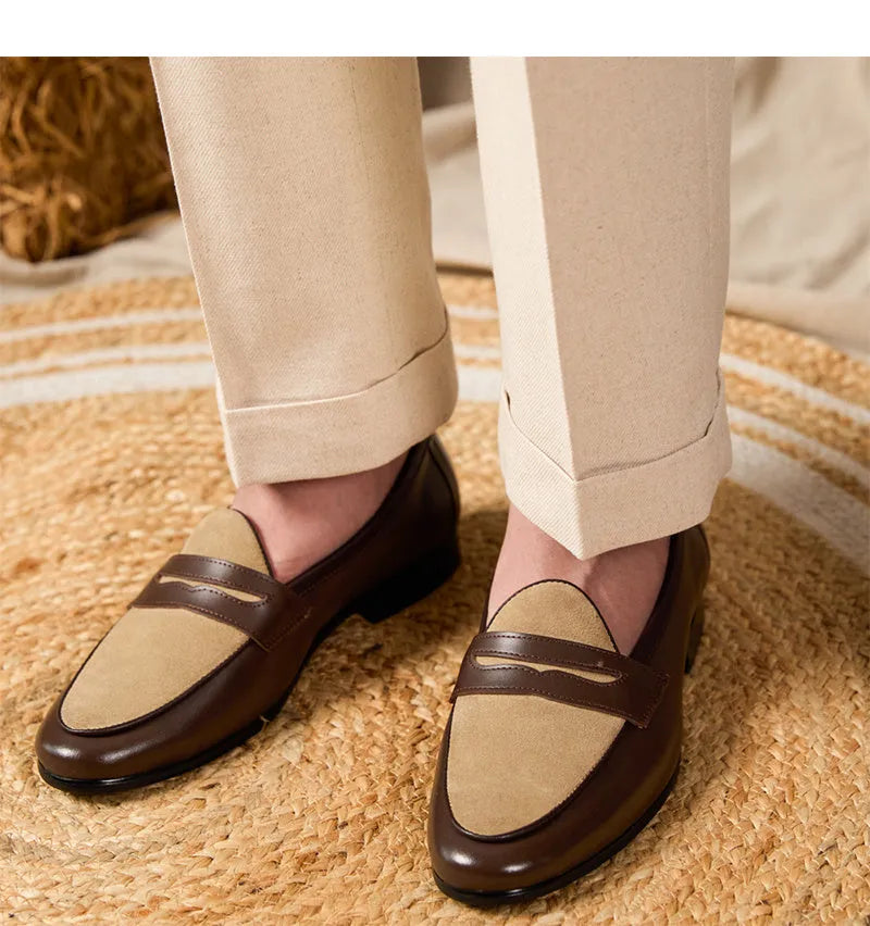 Men's coffee grey suede leather Belgium loafers with a slip-on design and rubber sole.