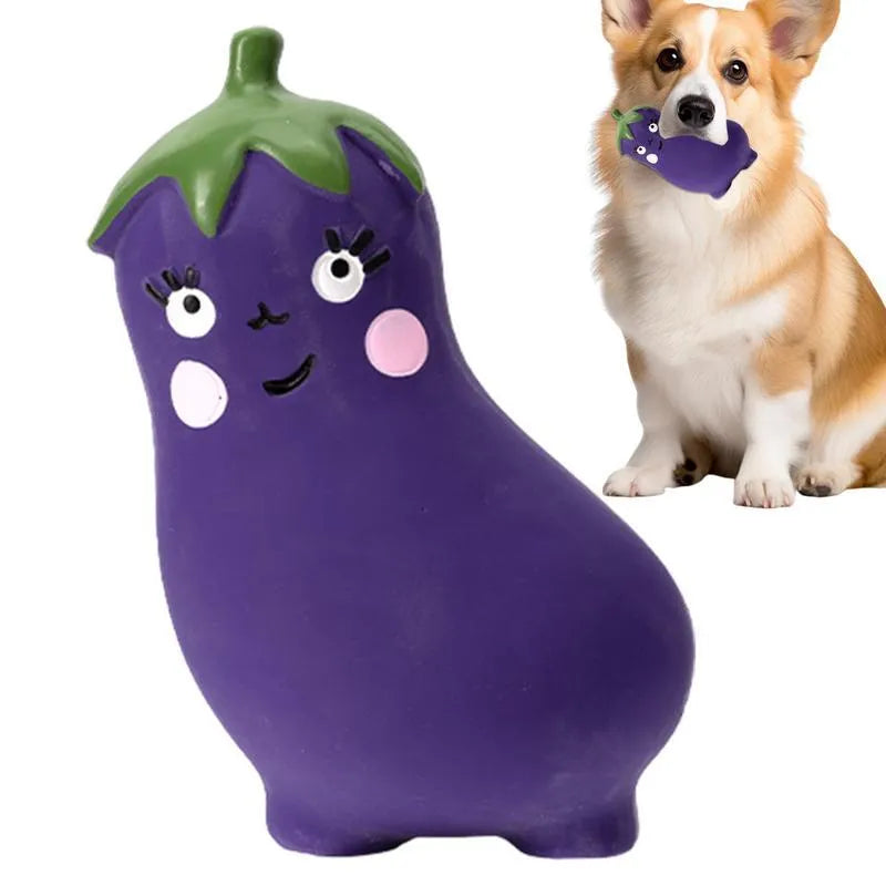Cartoon onion and eggplant latex dog chew toy for puppies on a white background.