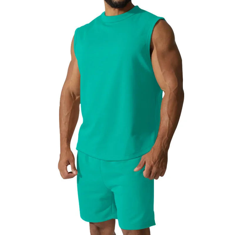 Men's sleeveless sports suit set in cotton blend fabric with matching shorts