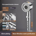 Silver portable shower head with multiple spray functions including massage and bubble modes