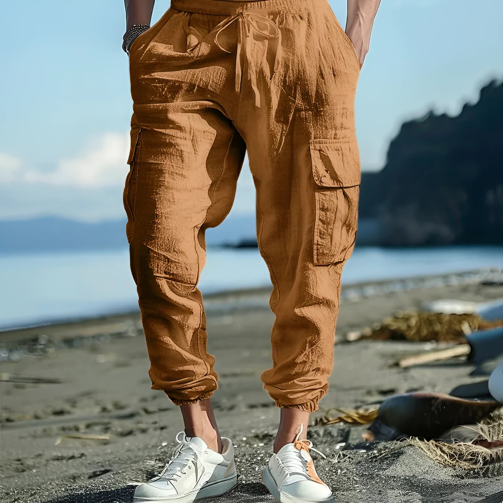 Men's linen casual trousers with ankle-tied cuffs and multiple pockets in loose fit