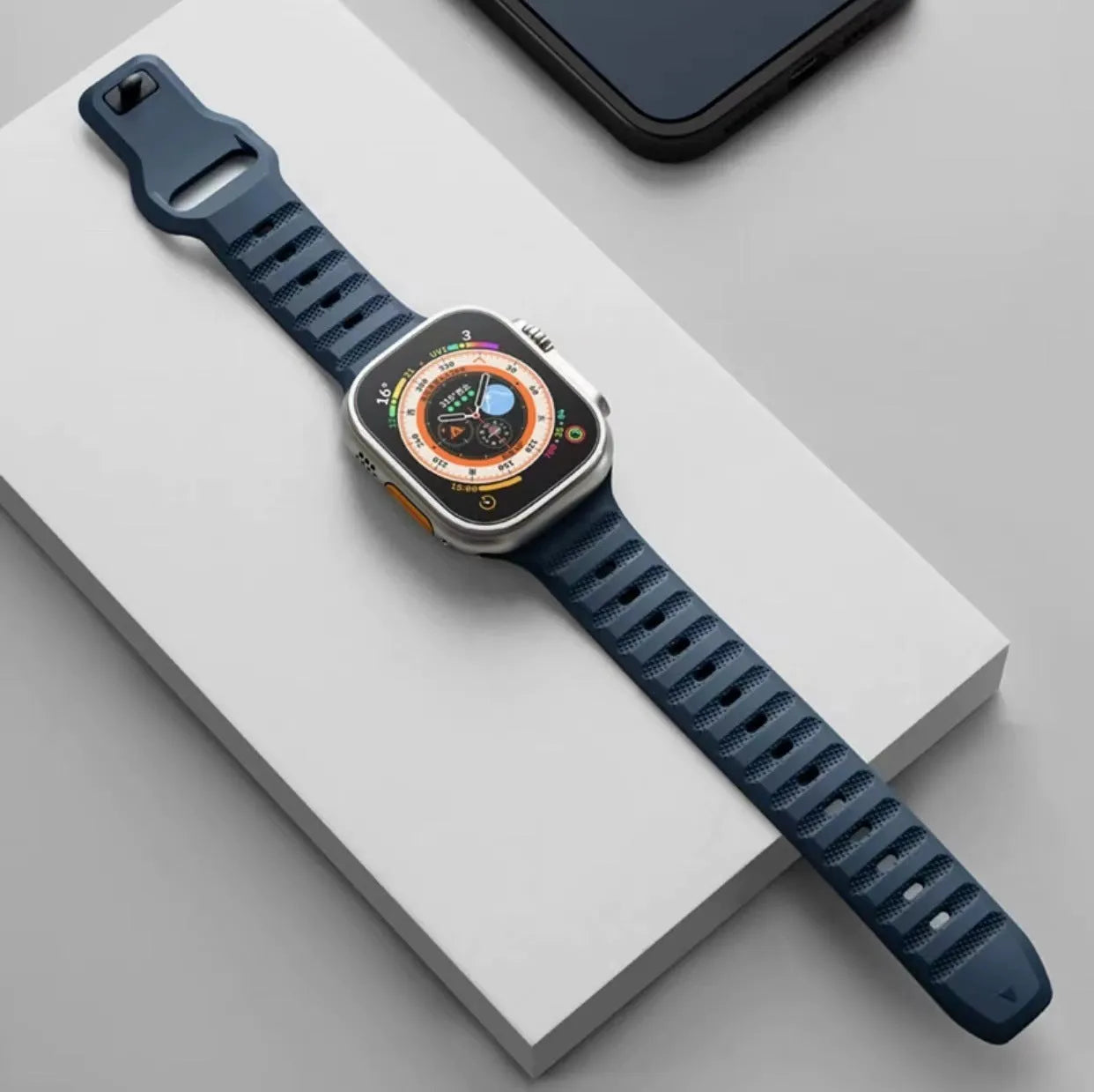 Fluoro rubber watch band with T buckle for Apple Watch, shown in multiple colours.