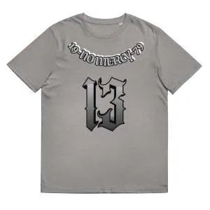 Grey loose-fitting cotton short sleeve t-shirt with a round neck on a hanger.