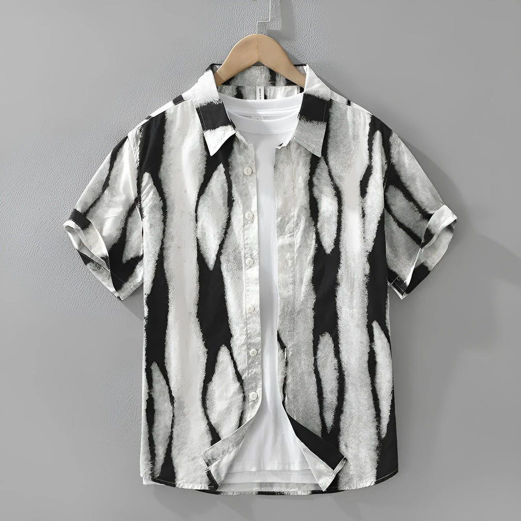Retro striped pure cotton short sleeve shirt in loose cardigan style shown in black colour